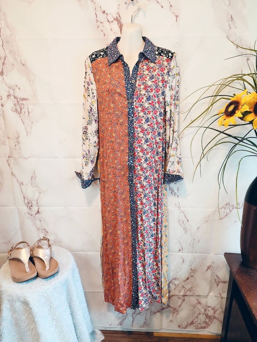 Natural Life Boho Patchwork Floral Shirt Dress Button Front Maxi XS - Picture 3 of 6